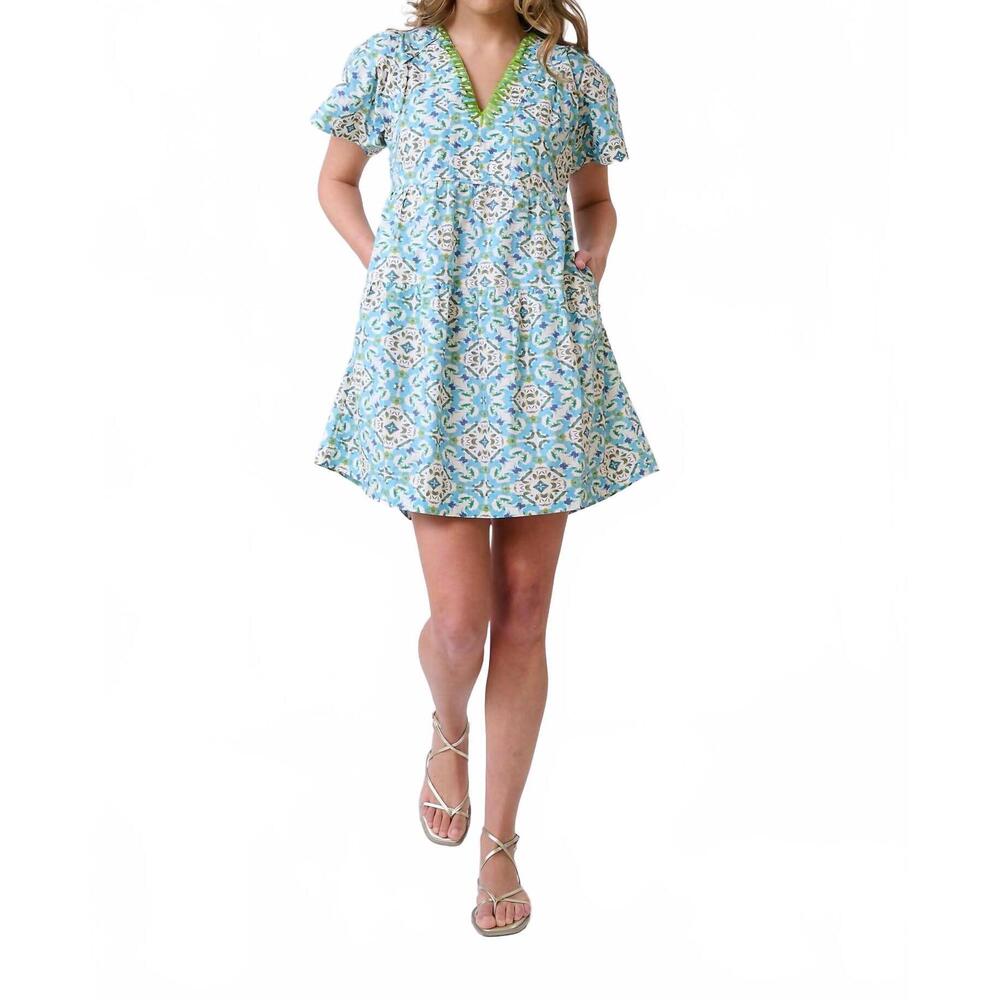 NEW BROOKS AVENUE harper deep v mini dress in english tile